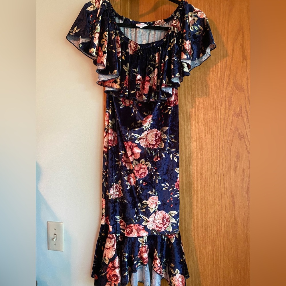 velvet navy floral lularoe cici ruffle dress size medium